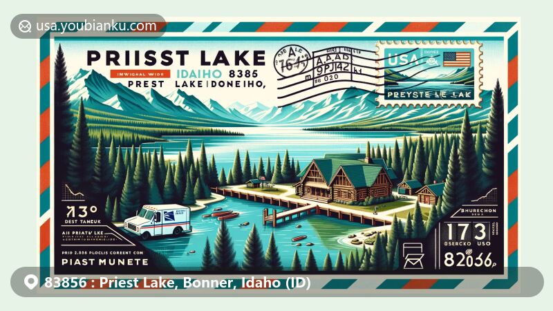 Modern illustration of Priest Lake, Bonner County, Idaho, showcasing airmail envelope design for ZIP code 83856, featuring stunning view of Priest Lake, Selkirk Mountains, and surrounding forests, with Priest Lake Museum. Envelope marked with 'Priest Lake, Bonner, Idaho (ID) 83856' and USA postmark. Stamp includes Idaho state flag and ZIP Code 83856 with mail-related motifs.