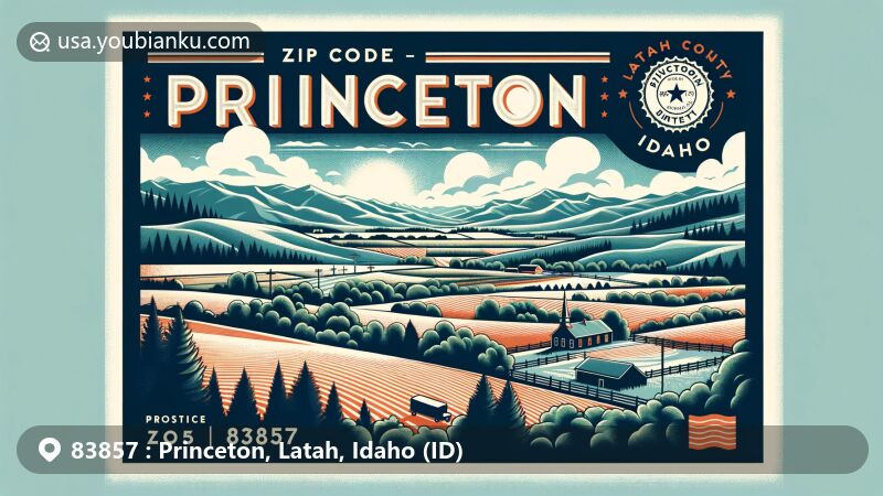Creative postcard design featuring ZIP Code 83857 and Princeton, Idaho, showcasing Latah County's natural beauty with rolling hills, forests, and agricultural fields.