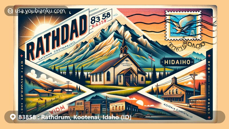 Modern illustration of Rathdrum, Idaho in vintage postal style, showcasing Rathdrum Mountain, St. Stanislaus Kostka Chapel, and Old Kootenai County Jail.