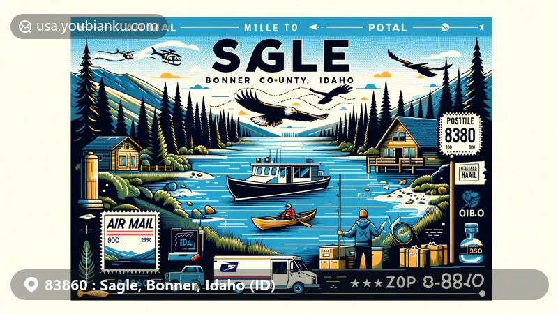 Modern illustration of Sagle, Bonner County, Idaho, featuring scenic landscapes, outdoor activities, and postal elements with ZIP code 83860.