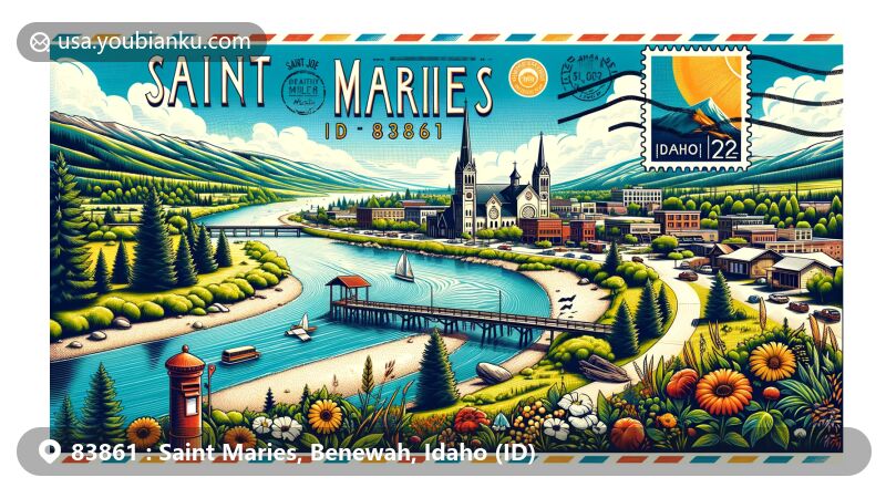 Modern illustration of Saint Maries, Benewah County, Idaho, showcasing postal theme with ZIP code 83861, featuring the confluence of St. Joe and St. Maries Rivers, framed by natural beauty as the gateway to Idaho Panhandle National Forest.
