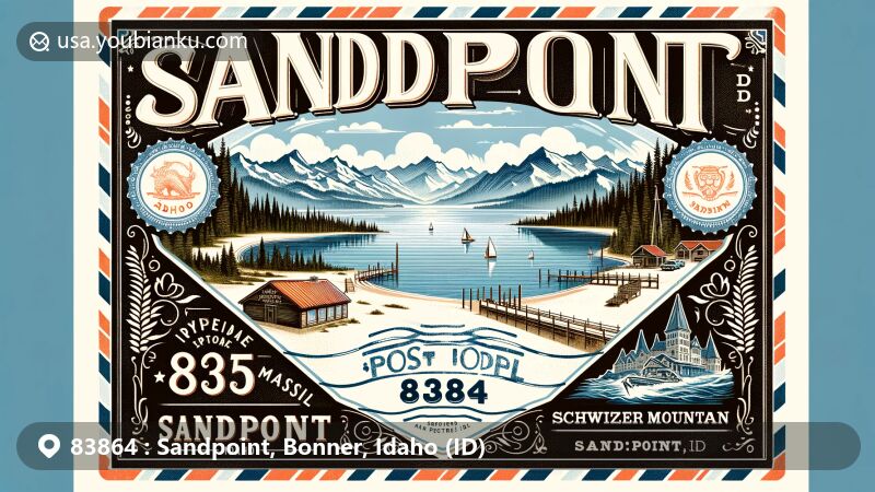 Modern illustration of Sandpoint, Idaho, showcasing scenic beauty and postal elements with ZIP code 83864, featuring Lake Pend Oreille and Schweitzer Mountain Resort.