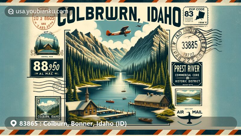 Modern illustration of Colburn, Bonner County, Idaho, featuring natural beauty and historic postal theme with ZIP code 83865, highlighting Colburn Lake and Rocky Mountains.