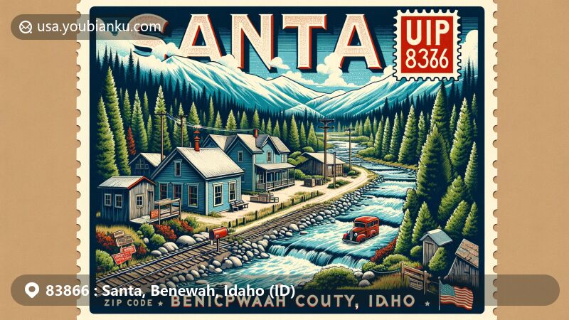 Modern illustration of Santa, Benewah County, Idaho, showcasing ZIP code 83866 and natural beauty near Santa Creek with Rocky Mountains backdrop.