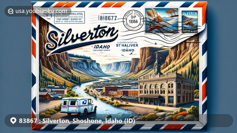 Modern illustration of Silverton, Idaho, capturing the essence of postal heritage and natural beauty, featuring Snake River Canyon-like landscapes with historical landmarks and postal motifs.