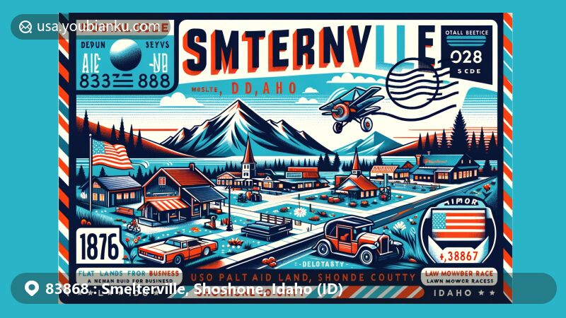 Modern illustration of Smelterville, Shoshone County, Idaho, featuring postal theme with ZIP code 83868, showcasing natural beauty and small-town charm against the backdrop of Shoshone County.