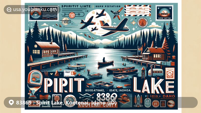 Modern illustration of Spirit Lake, Kootenai County, Idaho, highlighting postal theme with ZIP code 83869. Features include iconic lake surrounded by forests and mountains, local legend of Indian lovers, town charm with post office and park.