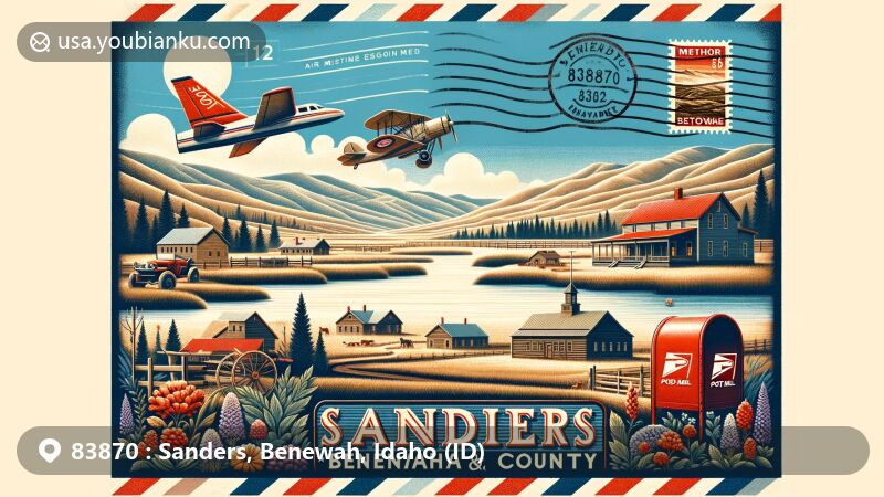 Modern illustration of Sanders and Benewah County, Idaho, with postal themes, showcasing Palouse prairies, St. Joe National Forest, Heyburn State Park, Mullan Road, Kootenai Inn, and vintage postal elements.