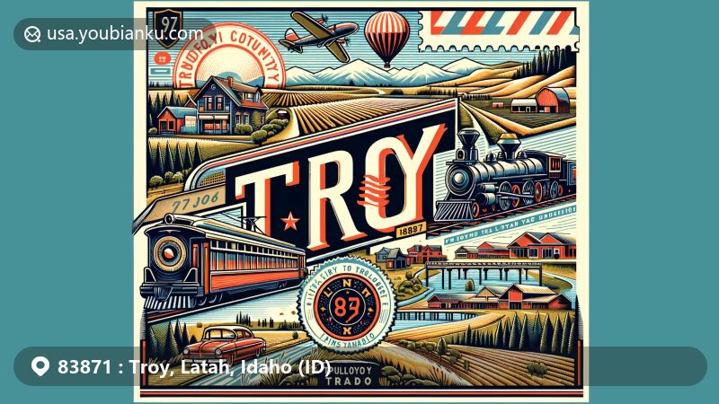 Modern illustration of Troy, Latah County, Idaho, highlighting ZIP code 83871 and the scenic Palouse region. Features Latah Trail connecting Troy to Moscow and Pullman, Washington, showcasing agriculture, timber industry, and vintage airmail envelope.