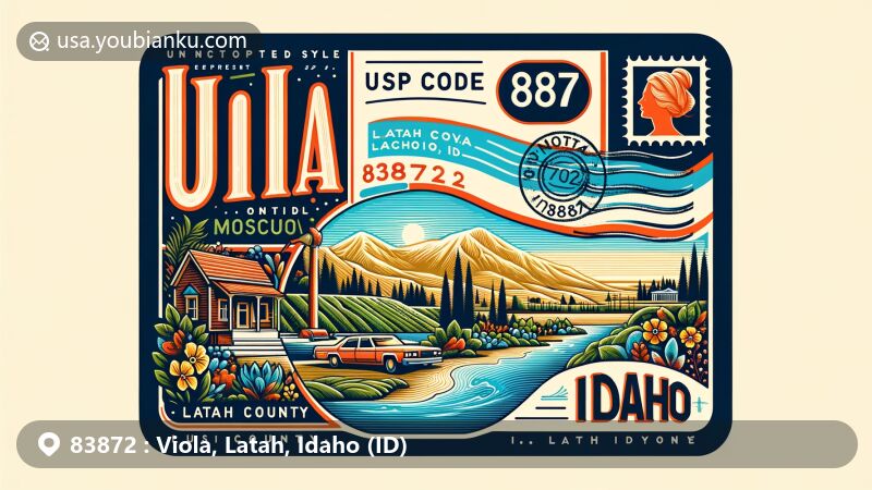 Modern illustration of Viola, Latah County, Idaho, inspired by ZIP code 83872, featuring postcard theme with U.S. Route 95, Moscow, Idaho proximity, and rural beauty of Idaho.
