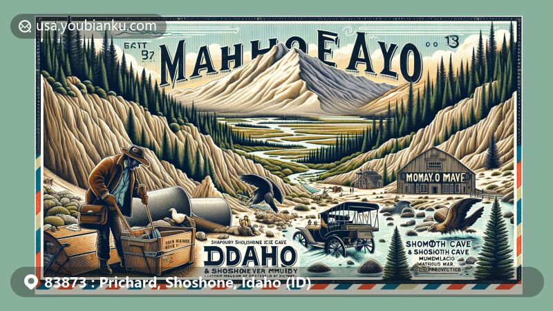 Modern illustration of Prichard area, Shoshone County, Idaho, featuring Prichard Peak and Shoshone Ice Caves, showcasing Idaho's rugged beauty and unique geological attractions, with elements of gold prospecting and hinting at Black Magic Canyon, overlaid with vintage airmail envelope and ZIP code 83873.