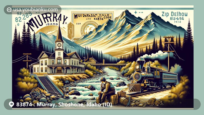 Modern illustration of Murray, Shoshone County, Idaho, featuring Murray Masonic Hall, Coeur d'Alene Mountains, Prichard Creek, and vintage gold mining scene, with postal theme including ZIP code 83874.