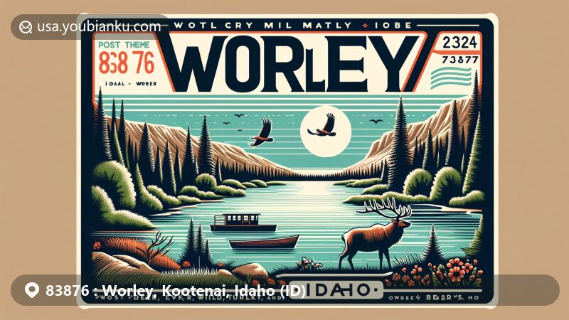 Vivid illustration of Worley, Kootenai County, Idaho, capturing the natural beauty with forests, rivers, and lakes, embodying the community's outdoor lifestyle and scenic surroundings, complemented by postal-themed elements and local wildlife.