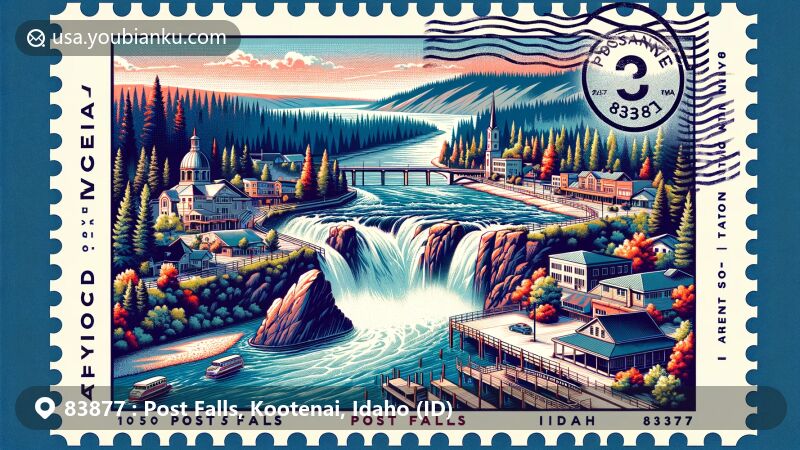 Modern illustration of Post Falls, Idaho, featuring Spokane River, Treaty Rock, and ZIP code 83877, designed as a creative postcard with a postal theme.
