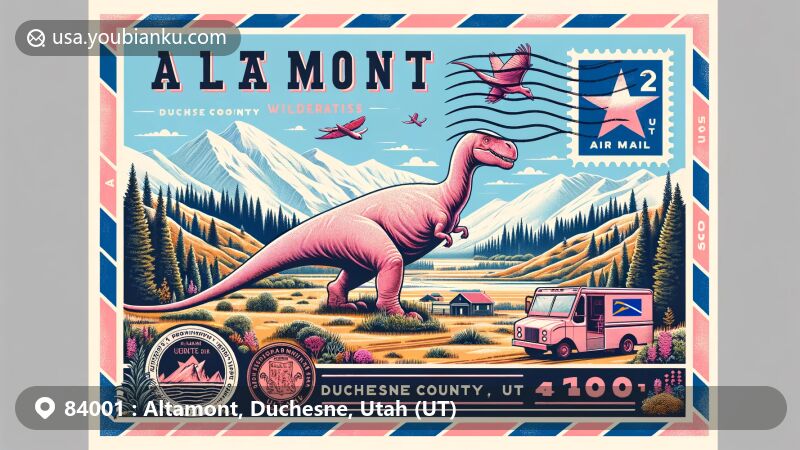 Modern illustration of Altamont, Duchesne County, Utah, with a vintage air mail envelope theme, featuring High Uintas Wilderness Area, Pink Brontosaurus monument, Utah state flag stamp, and postal elements.