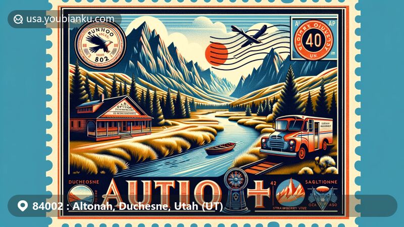 Modern illustration of Altonah, Duchesne County, Utah, showcasing postal theme with ZIP code 84002, featuring Strawberry River, Uinta Mountains, and Utah's natural beauty.