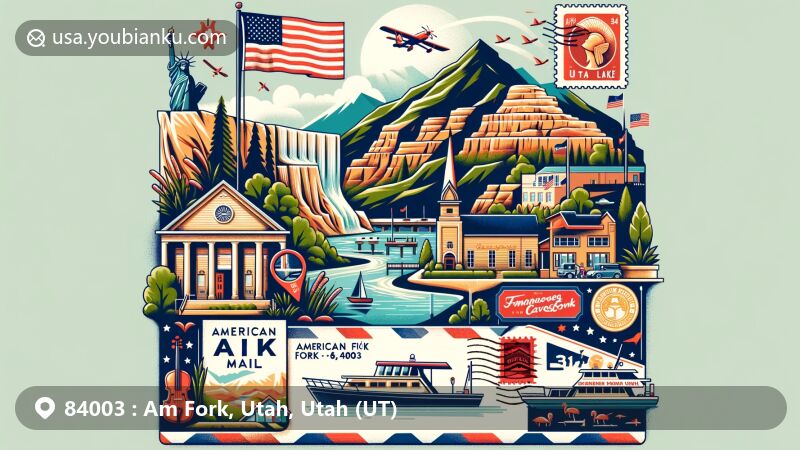 Modern illustration of American Fork, Utah, blending postal theme with natural beauty, featuring Timpanogos Cave National Monument, American Fork Boat Harbor, and ZIP code 84003.