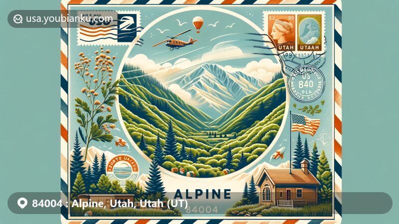 Modern illustration of ZIP Code 84004 in Alpine, Utah, featuring Wasatch Mountains, greenery, air mail envelope, stamps with Utah symbols, and ZIP Code identity.