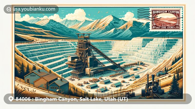 Modern illustration of Bingham Canyon, Salt Lake County, Utah, featuring Kennecott Copper Mine and Oquirrh Mountains in ZIP code 84006, with postal elements including postmark, stamp, and mining heritage details.