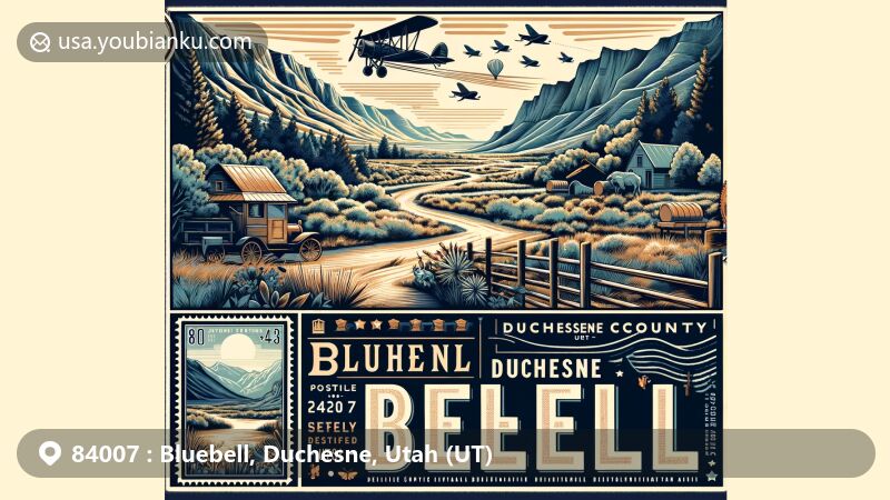 Modern illustration of Bluebell, Duchesne, Utah (UT), showcasing rural landscape and local flora, capturing the community spirit and natural beauty of Utah.