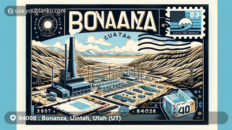 Modern illustration of Bonanza, Uintah County, Utah, featuring postal theme with ZIP code 84008, showcasing Utah state symbols and oil drilling industry.