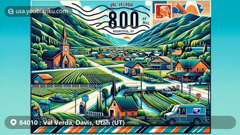 Vibrant illustration of ZIP code 84010, Val Verda, Bountiful, Davis County, Utah, blending green valley landscape with postal motifs.