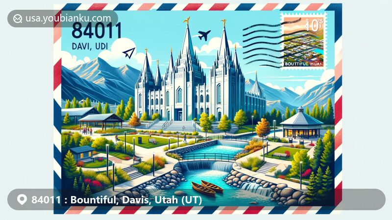Modern illustration of Bountiful, Davis County, Utah, highlighting postal theme with ZIP code 84011, showcasing Bountiful Utah Temple, Creekside Park, and Bountiful Davis Art Center.