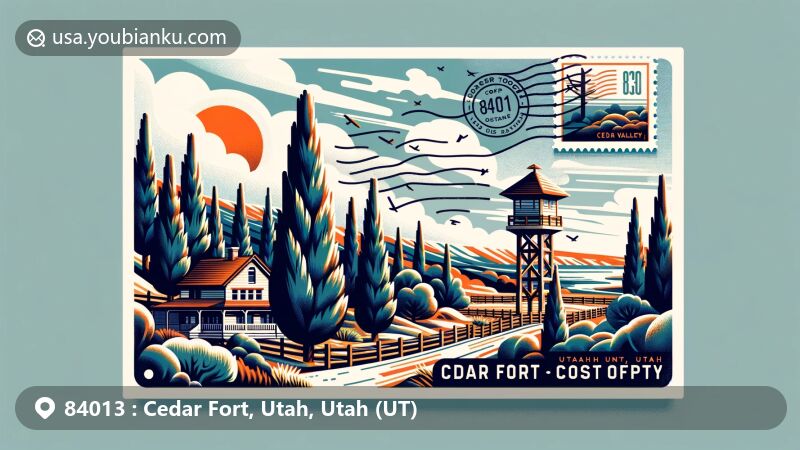 Modern illustration of Cedar Fort, Utah, showcasing postal theme with ZIP code 84013, featuring juniper trees, Cedar Valley Post Office, and Utah County landscape.