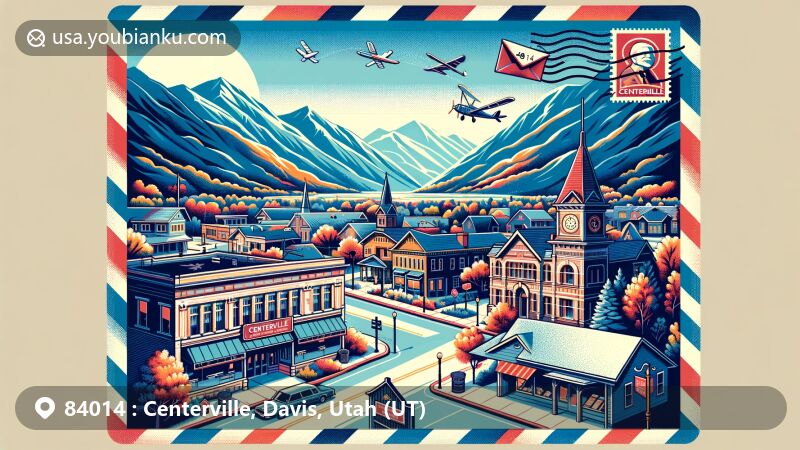 Modern illustration of Centerville, Davis County, Utah, featuring natural beauty, historical significance, postal theme with ZIP code 84014, cultural symbols like Davis Center for Performing Arts, and climate representation.