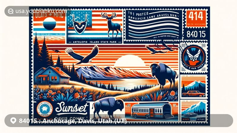 Modern illustration of Sunset, Davis County, Utah, featuring Antelope Island State Park with white-sand beaches, bison, and antelopes, Wasatch Range, Hill Air Force Base, and postal elements like postcard shape, stamps, postmark, and state flag.