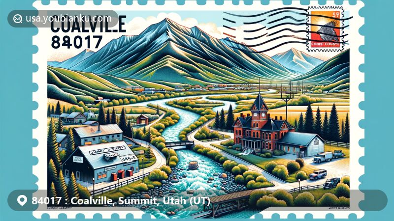 Modern illustration of Coalville, Summit County, Utah, blending local landmarks with postal elements, featuring Summit County Courthouse and Echo Reservoir, set against blue skies and green landscapes.