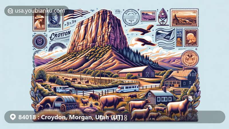 Vibrant illustration of Croydon, Morgan, Utah (UT) showcasing Devil's Slide rock formation and rural landscapes with cattle and sheep ranches, integrated with postal symbols like vintage envelopes, stamps, and a postal mark highlighting ZIP code 84018.