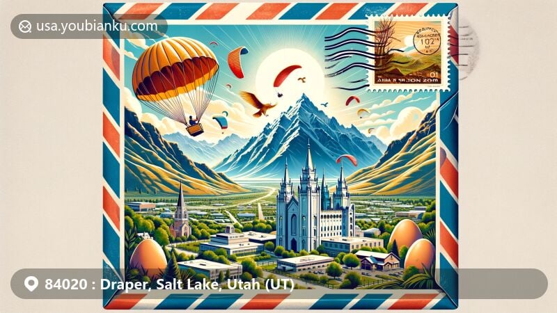 Modern illustration of Draper, Utah, featuring Point of the Mountain for paragliding, Egg Basket nod, and Draper Temple on a mountain, set in an airmail envelope with Wasatch Mountain Range backdrop and soaring paragliders.
