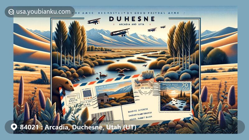 Modern illustration of the Arcadia and Duchesne area in Utah, showcasing rural landscape with cottonwood trees, sagebrush, alfalfa fields, and seasonal changes. Features vintage airmail envelope with postcard, Utah state flag stamp, ZIP Code 84021 postmark, and local wildlife silhouettes.