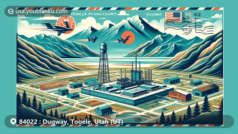 Modern illustration of Dugway, Tooele County, Utah, showcasing postal theme with ZIP code 84022, featuring Dugway Proving Ground and natural landscape, including Great Salt Lake and ancient Lake Bonneville remnants.