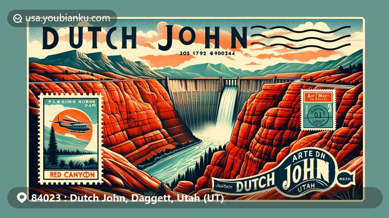 Modern illustration of Dutch John, Utah (UT) with ZIP code 84023, highlighting Flaming Gorge Dam and Red Canyon Overlook, incorporating vintage postage elements.