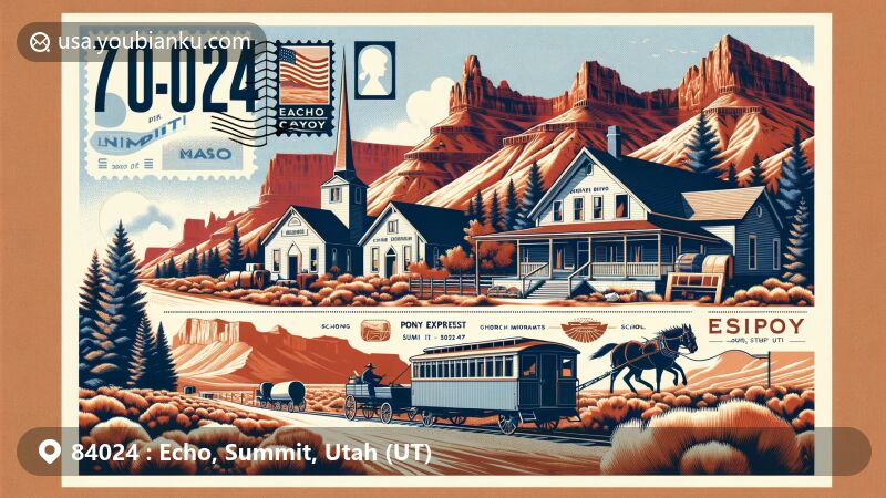 Modern illustration of Echo, Summit, Utah, highlighting postal theme with ZIP code 84024, featuring historic Echo Canyon, Echo Depot, and natural landscape with amber rocks and sagebrush.