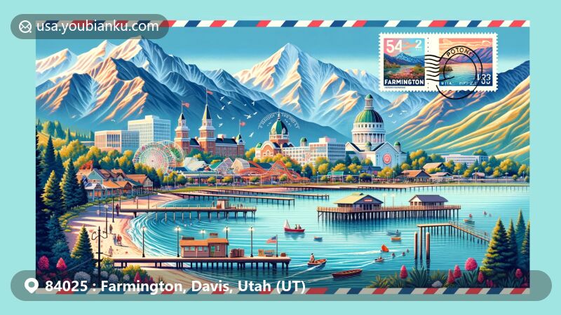 Modern illustration of Farmington, Davis County, Utah, showcasing postal theme with ZIP code 84025, featuring Lagoon Amusement Park, Station Park, Wasatch Mountains, Great Salt Lake, vintage air mail envelope, Farmington landmarks, red postal box, and postal delivery van.