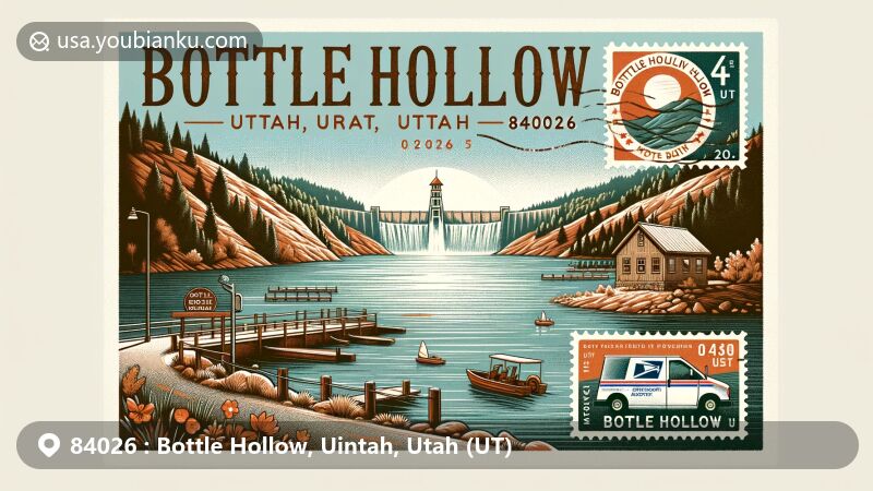 Modern illustration of Bottle Hollow, Uintah, Utah (UT) 84026, featuring Bottle Hollow Reservoir, surrounding natural scenery, and Ute Indian Tribe culture, incorporating vintage postal themes with ZIP code 84026.