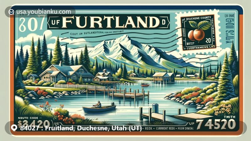 Modern illustration of Fruitland, Utah, showcasing postal theme with ZIP code 84027, highlighting the area's natural beauty and outdoor lifestyle, including reservoirs like Strawberry, Starvation, Red Creek, and Current Creek.
