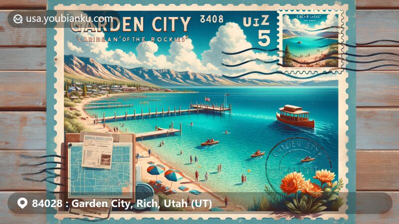 Vintage-style illustration of Bear Lake, Garden City, Rich County, Utah, showcasing 'Caribbean of the Rockies' with blue waters and sandy shore, featuring Bear Lake State Park, outdoor activities, and Utah's state symbols.