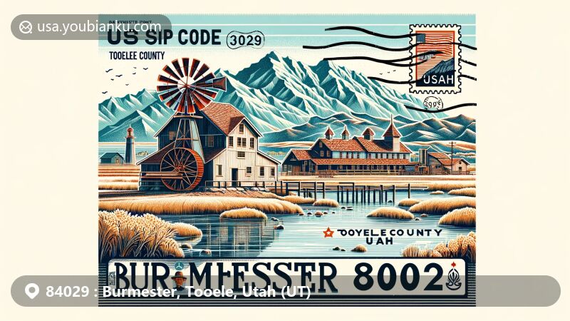 Modern illustration of Burmester, Tooele County, Utah, showcasing the Great Salt Lake and Oquirrh Mountains, featuring Benson Grist Mill and elements of postal theme with vintage stamp and ZIP code 84029.