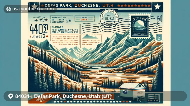 Modern illustration of Defas Park, Duchesne, Utah, featuring postal theme with ZIP code 84031, showcasing mountainous terrain, seasonal temperature variations, warm summers, cold winters, vintage airmail envelope, mountains, forests, postage stamp with ZIP code and city name, and postal cancellation mark.