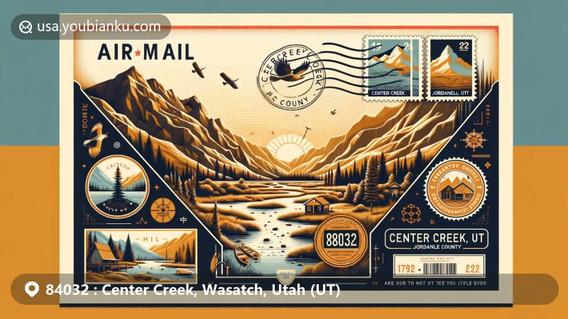Modern illustration of 84032, Center Creek, UT, featuring airmail envelope with scenic landscapes of Wasatch County, mountains, Deer Creek Reservoir, and Jordanelle Reservoir, plus symbols of hiking and fishing.
