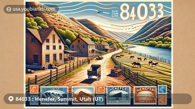 Modern illustration of Henefer, Summit, Utah, showcasing historic farming community along the Weber River, featuring adobe brick homes, Echo Dam, Henefer Valley, and postal theme with vintage airmail envelope and Utah Pioneers stamp.