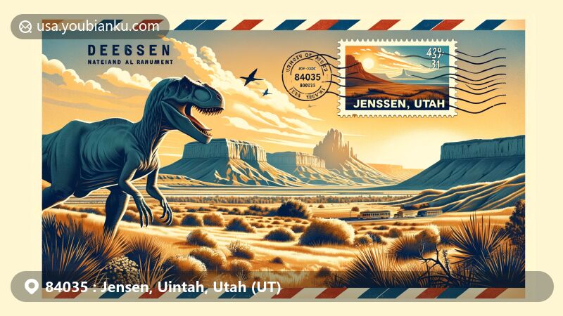 Modern illustration of Jensen, Utah, in the '84035' postal code area, featuring Dinosaur National Monument and Split Mountain against a clear sky, with postal elements like airmail border, vintage stamp with ZIP code '84035', and postmark 'Jensen, Utah'.