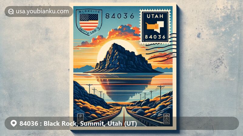 Modern illustration of Black Rock landmark near the Great Salt Lake in Utah, featuring postal elements, vivid sunset colors, state symbols like the Utah flag and Oquirrh Mountains, and a vintage postal car on a road.