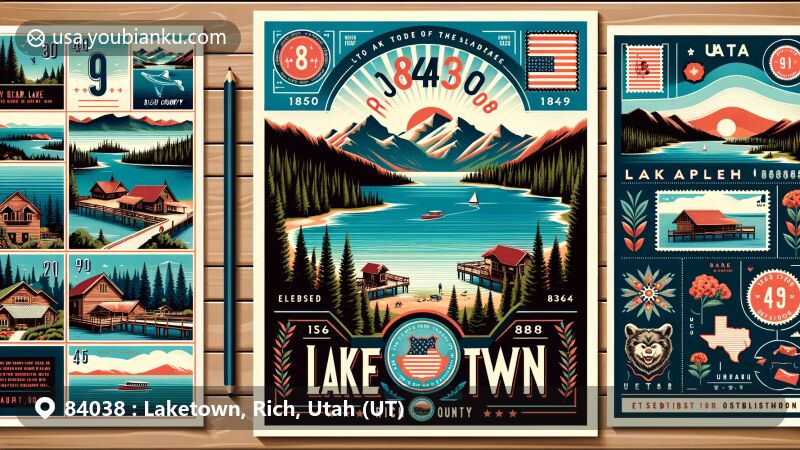 Modern illustration of Laketown, Rich County, Utah postal theme, featuring zip code 84038, with scenic Bear Lake backdrop and vintage postcard layout.