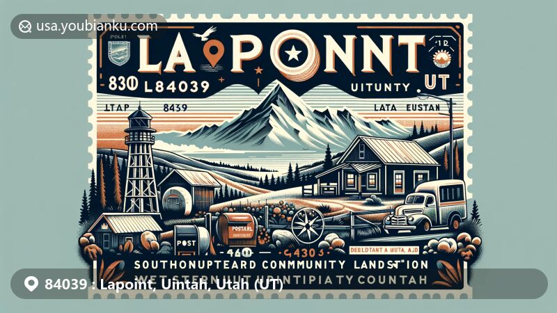 Modern illustration of Lapoint, Uintah County, Utah, showcasing postal theme with ZIP code 84039, featuring southward point of Uinta Mountains, vintage postcard layout with postage stamp and postal mark, including mailbox and post van, and symbolic landmarks.