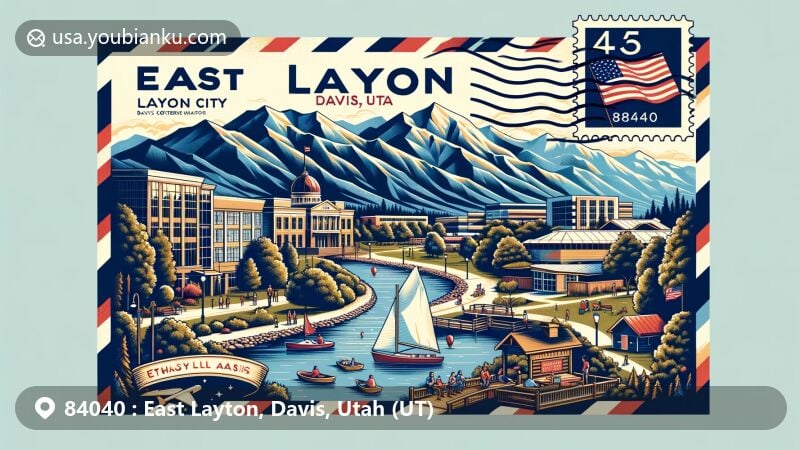 Modern illustration of Layton, Davis County, Utah, showcasing scenic beauty with Wasatch Range in the background, featuring replica of Vietnam War Memorial Wall, Andy Adams Reservoir, and Davis Conference Center, highlighting vibrant community life and outdoor activities like hiking, boating, and gatherings, framed by an airmail envelope symbolizing postal theme with postal marks, Utah state flag stamp, and prominent ZIP code 84040.